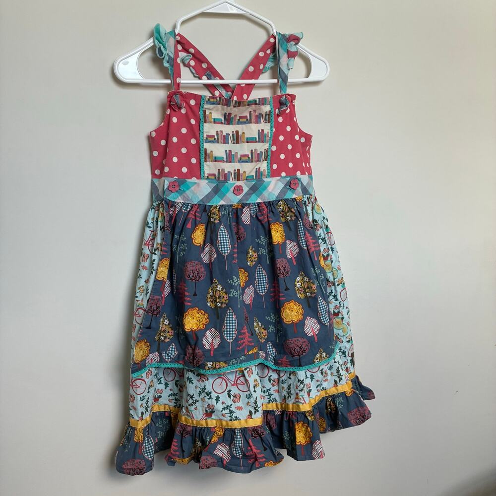 Matilda Jane Girls Dress Size 12 Mixed Print Ruffle Hem Cross Back
